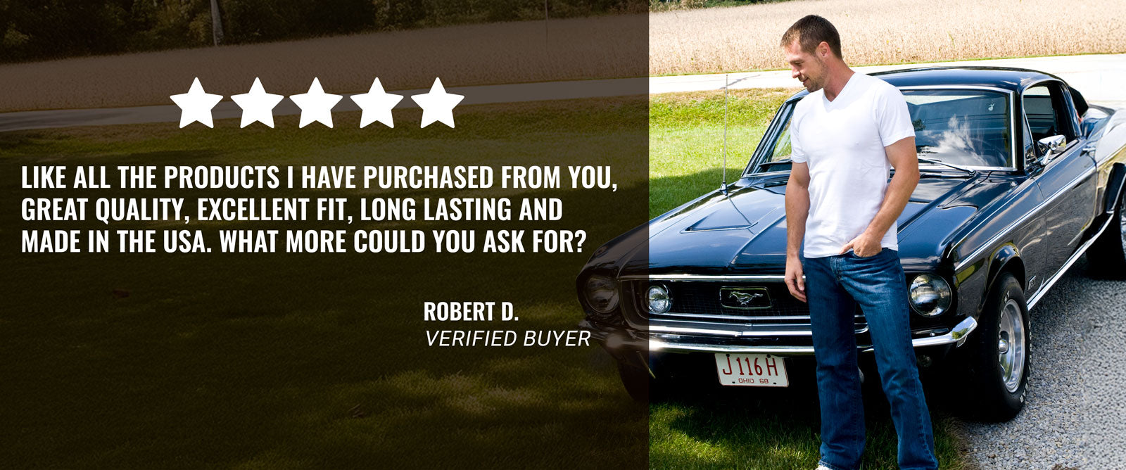 Man standing next to a classic car with a five-star review text overlay.